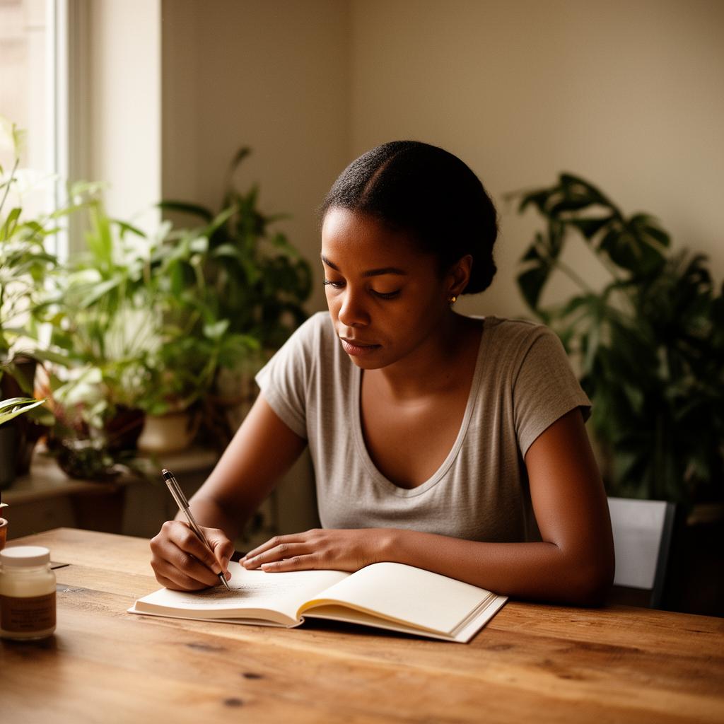 Woman writing at a desk surrounded by plants